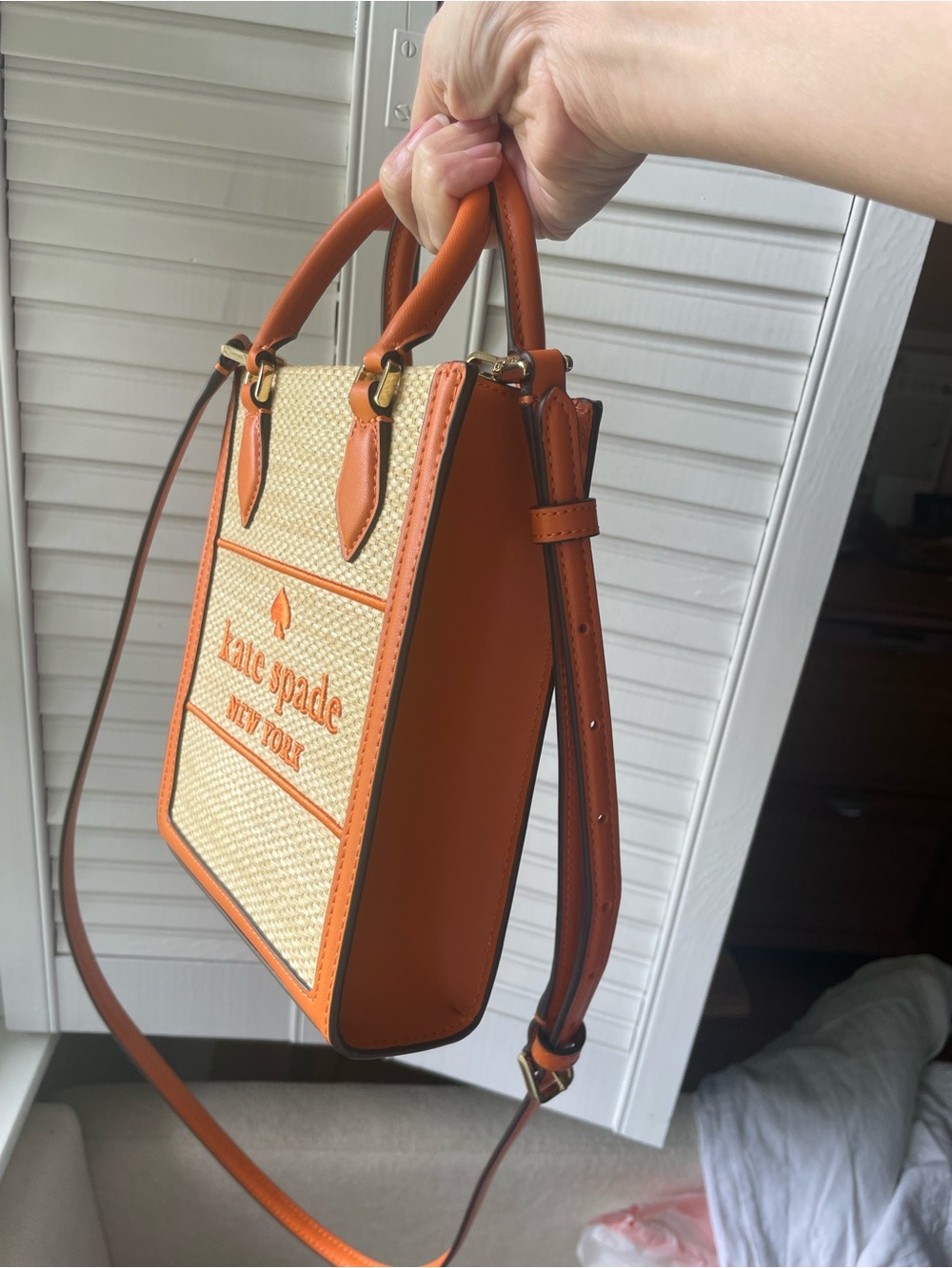 kate spade woven straw mini tote with orange trim - Picture 3 of 6